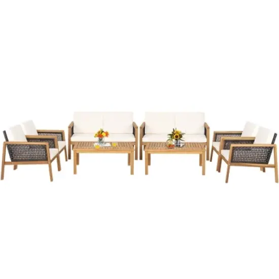 Tangkula 8PCS Patio Acacia Wood Furniture Set PE Rattan Conversation Set w/ Off White Cushions image {10}