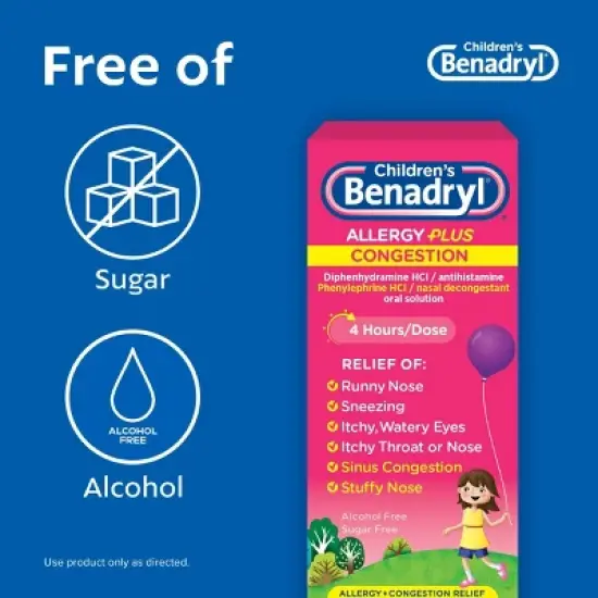 Children's Benadryl Diphenhydramine Allergy Plus Congestion Relief Liquid - Grape - 4 fl oz image {2}
