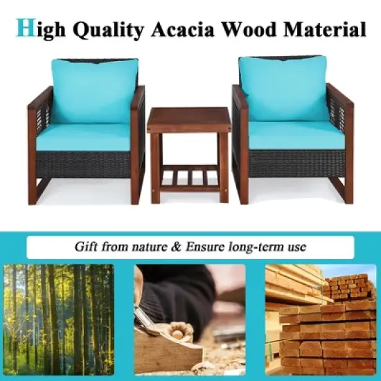 Costway 3PCS Patio Wicker Furniture Set Solid Wood Frame Cushion Sofa w/ Square Table Shelf image {6}