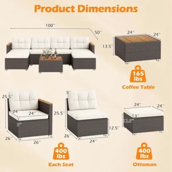 Costway 7 PCS Wicker Conversation Set with Seat & Back Cushions Wood Armrests & Tabletop image {2}