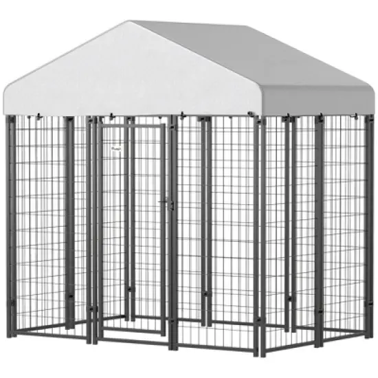 PawHut Outdoor Dog Kennel with Roof, Welded Wire Dog Playpen Enclosure with Escape-proof Lock, UV-Resistant & Waterproof Cover, 5.9' x 4' x 6', Silver image {3}
