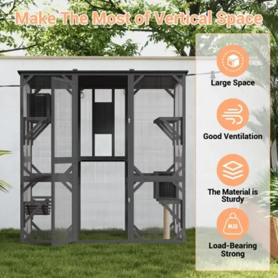 70" Large Wooden Cat Cage with Roof, Multi-Level Cat House with 4 Platforms, Hammock & Scratching Post image {3}