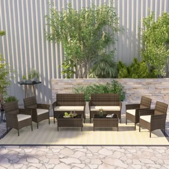 Tangkula 8 Piece Patio Rattan Conversation Set Outdoor Wicker Furniture Set w/ Chair Loveseat & Tempered Glass Table Beige/Black/Gray/Navy/Turquoise image {1}