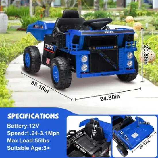 Ride on Dump Truck, 12 Volt Ride on Toys with Electric Dump Bed, Electric Car for Kids with Remote Control, Shoel, LED Lights, Musci Player image {1}