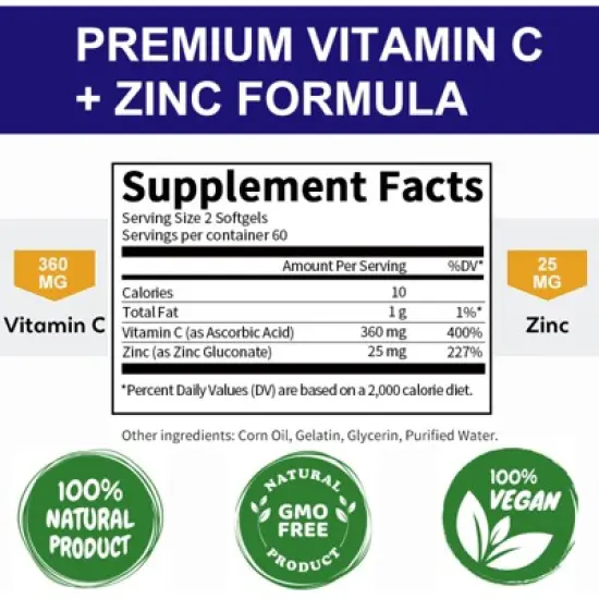 Mulittea 1000mg Vitamin C + 20mg Zinc for Immune Support, Antioxidant & Energy &ndash; 120 Capsules image {1}