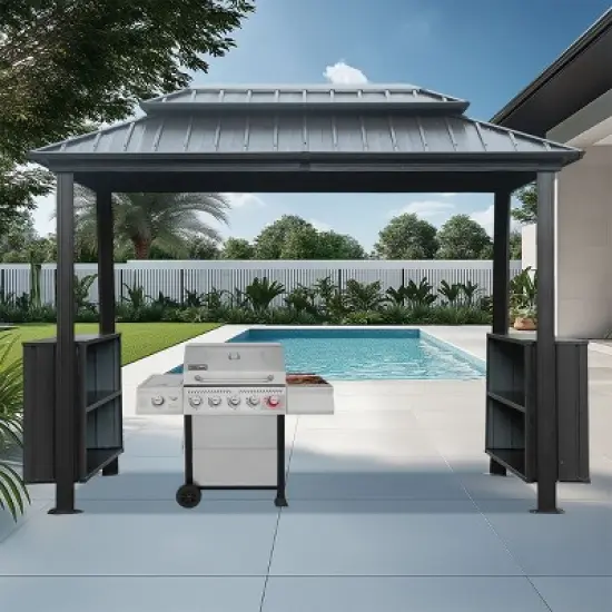 6x10FT Hardtop Grill Gazebo,Double Galvanized Steel Roof BBQ Canopy with Storage Cabinets And Ceiling Hooks-Maison Boucle image {8}