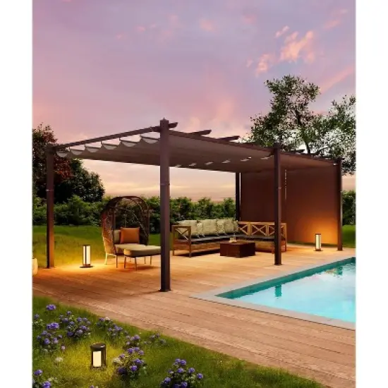 12x20ft Extra Large Aluminum Pergola with Adjustable Sun Shade Canopy, 4-Side Anchoring, Gray Frame & Curtains image {6}