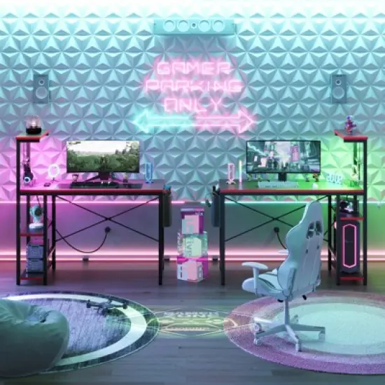 Bestier 44&rdquo; Gaming Desk with Power Outlets & USB Ports, LED PC Gamer Desk with 4-Tier Storage Shelves, Computer Office Desk for Small Spaces image {8}