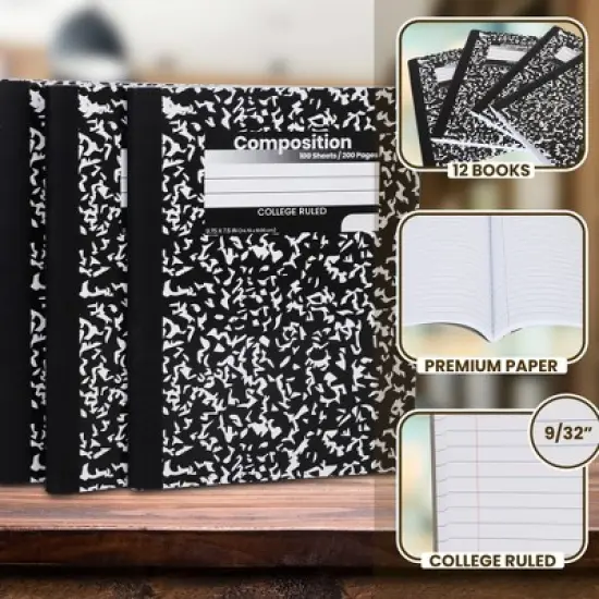 Manaloom College Ruled Composition Notebooks &ndash; 9.75&rdquo; x 7.5&rdquo; &ndash; Durable Marble Cover, Sewn Binding, 200 Pages image {1}