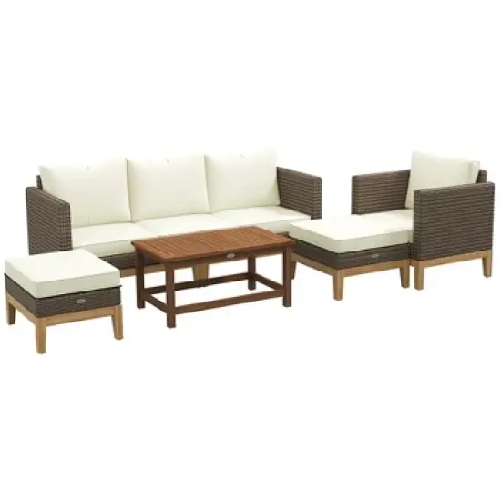 Outsunny Cushioned Patio Furniture Set, 5 PCs Wooden Frame PE Rattan Conversation Set, Cream White image {6}