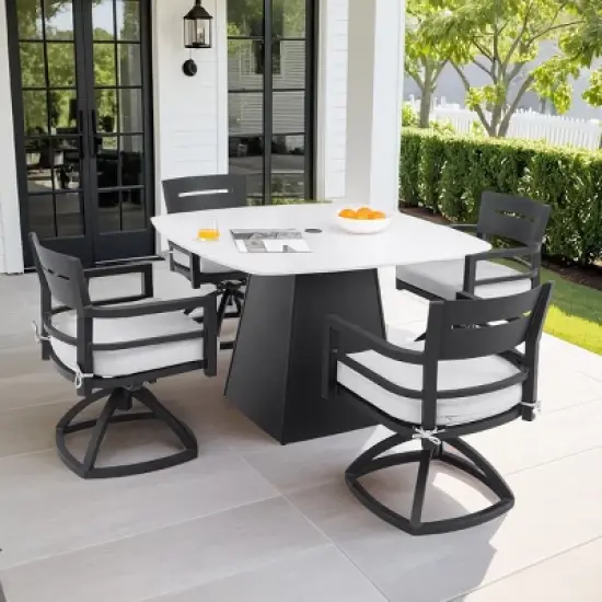 5-Piece Aluminum Outdoor Patio Dining Set, 44" Square Sintered Stone Table and 4 Swivel Rocker Chairs with Sunbrella Cushions - Cuddlewood image {8}