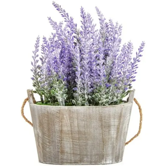 Artificial Lavender Fake Flower Plant in Rustic Oval Wooden Box for Decorations image {2}