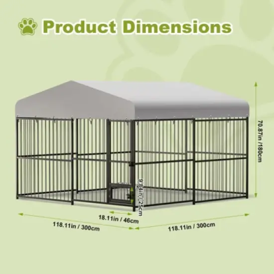 Large Outdoor Dog Kennel, 10x10FT Dog Kennel Outside with 2 Stainless Steel Bowl, Waterproof Cover, Iron Guardrails image {1}