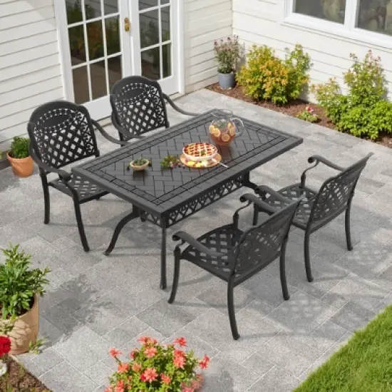 5-Piece Cast Aluminum Outdoor Dining Set with Red Cushions, Rectangle Table & Stackable Chairs - for Patio, Backyard image {1}