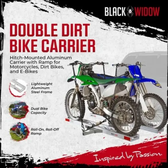 Black Widow Double Motorcycle Bike Hitch Carrier with Loading Ramp, 600 Lbs Capacity, Metallic - Heavy-Duty Aluminum Hauler and Platform for image {1}