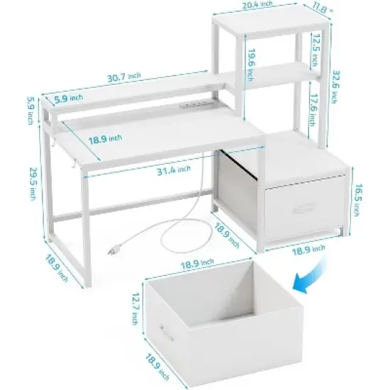 Itopfox Computer Desk with Drawers & Monitor Stand, Home Office Desk with Storage Shelves, Gaming Desk with Power Outlets & LED Lights for Study image {2}