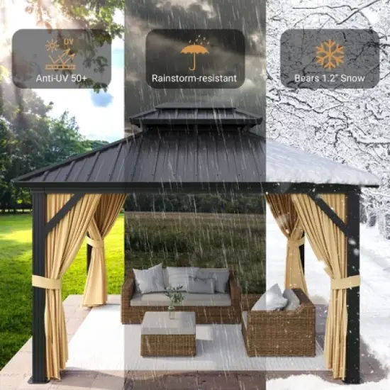 10x12FT Metal Hardtop Gazebo with Reinforced Roof, UV-Blocking SunShield, Lockable Privacy Curtains, Outdoor Patio Canopy for Backyard & Deck image {1}