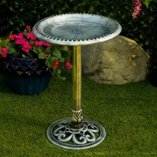Alpine Corporation 28" Polyresin Pedestal Bird Bath With Scrollwork Base & Ground Stakes Gray image {5}