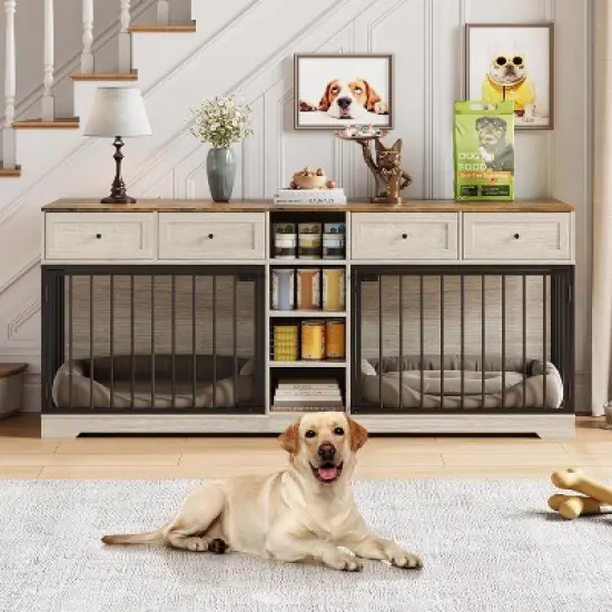 Acekool 82" Double Dog Crate Furniture TV Stand for 2 Large Dogs, 4 Drawers & Shelves, Indoor Dog Cabinet image {2}
