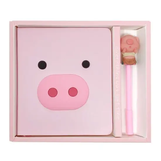 Wrapables Cute Notebook Gel Pen Set, Diary Journal Gift Set, Pink Piggy image {6}