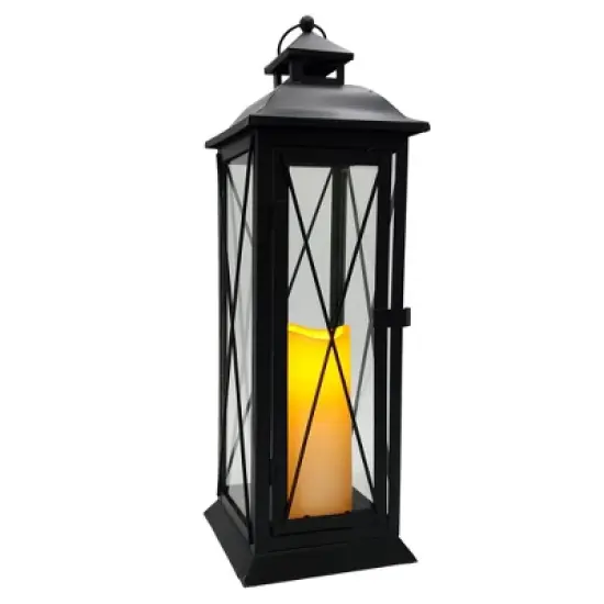 LumaBase Battery-Operated Metal Lantern with LED Candle - Crisscross image {3}