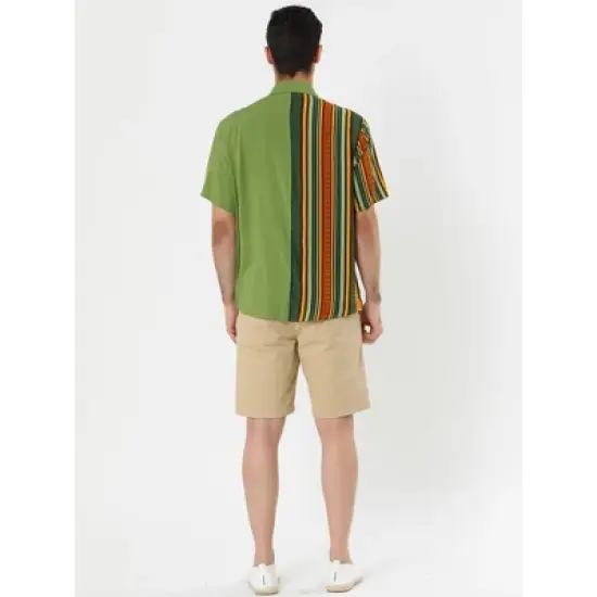 Lars Amadeus Men's Irregular Geometric Color Block Patchwork Button Down Short Sleeve Striped Shirts image {4}