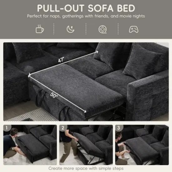 Whisen Chenille Sectional Pull-Out Sofa Bed with Flip-Up Table, Adjustable Reading Lamp, Charging Ports, Movable Storage Ottoman image {4}