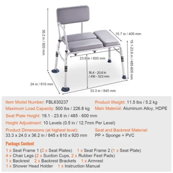 VEVOR Tub Transfer Bench for Bathtub 500lbs, Shower Seats for Adults, Lightweight Shower Bench for Elderly and Disabled with Padded Seat, Grey image {7}