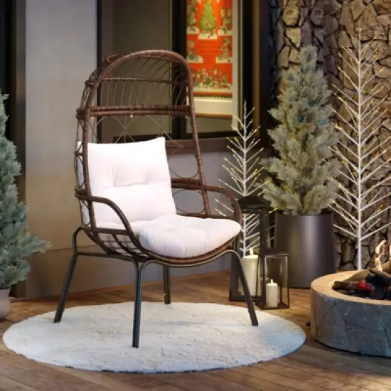 Tangkula PE Wicker Egg Chair Patio Cocoon Lounger w/ Comfortable Cushions & Metal Frame image {9}