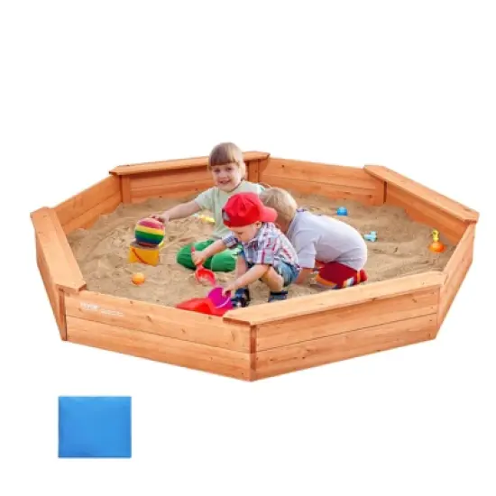 VEVOR Wooden Sandbox with Cover, 75.6 x 75.6 x 9.1 in Octagonal Sand Box, Sand Pit with 4 Seating and Bottom Liner image {8}