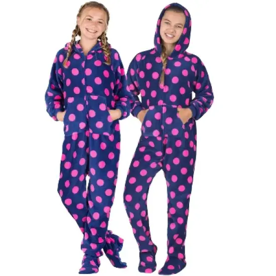 Footed Pajamas - Navy Pink Polka Kids Hoodie Chenille Onesie image {3}