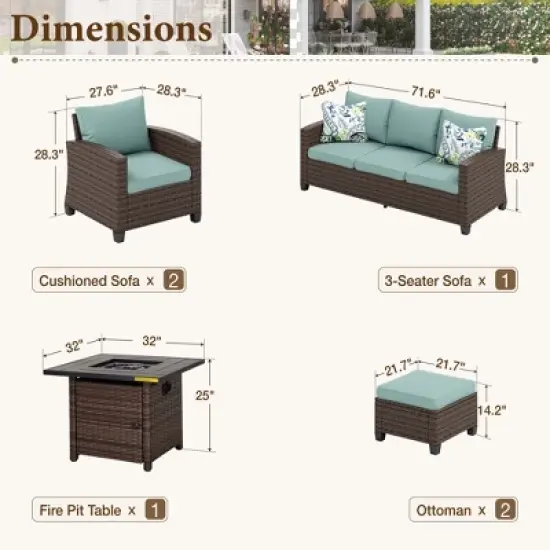 Captiva Designs 6pc Outdoor Patio Wicker Rattan Fire Pit Set with Cushioned Ottomans and Single Sofas image {10}