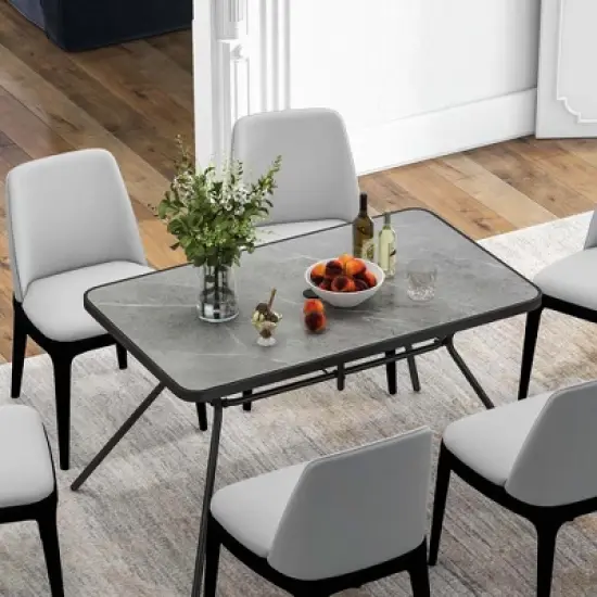 Costway Patio Rectangle Dining Table 49'' x 29.5'' Marble-Like Tabletop with Umbrella Hole image {4}