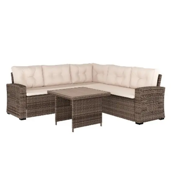Merrick Lane Indoor/Outdoor L-Shaped Sofa/Dining Table Conversation Set with Wicker Rattan Construction and Weather-Resistant Cushions image {5}