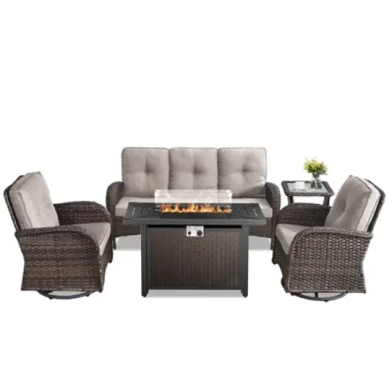 Buenhomino 5PCS Outdoor Patio Furniture Set with Fire Pit,Wicker Patio Conversation Sets with 43" Propane Fire Pit Table,Swivel Rocking Chairs image {1}