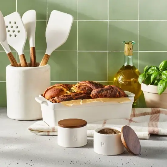 Set of 2 Stoneware Salt and Pepper Cellar with Wood Lid Cream - Figmint&trade; image {1}