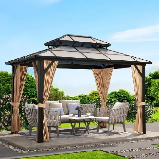 10' x 13' Hardtop Gazebo Metal Gazebo Aluminum Frame Double Galvanized Steel Roof Curtains Netting Pergolas for Patios Garden Parties Lawns grey image {2}