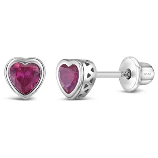 Girl's CZ Birthstone Heart Screw Back Sterling Silver Earrings - In Season Jewelry image {13}