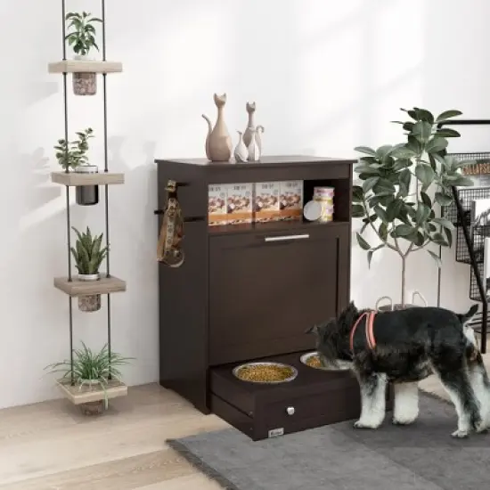 Mewoofun Pet Feeder Station Storage Cabinet, Dog Food Storage Container with Dog Raised Bowls and Hanger for Feeding image {6}