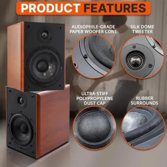 Pyle Home Theater Bookshelf Speakers - PHQBS52, 5.25" Woofer, 1" Silk Dome Tweeter, Pair, Black image {5}