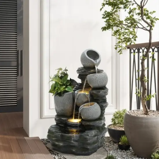 LuxenHome 30" Garden Water Fountain, 4 Tiers Cascading Pots & Rock Cascading Waterfall Fountain Outdoor with LED Lights Gray image {3}