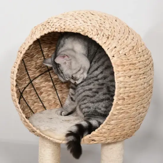 PawHut Cat Tree with Sisal Scratching Post Condo and Hanging Rope 44.5" H, Beige image {4}