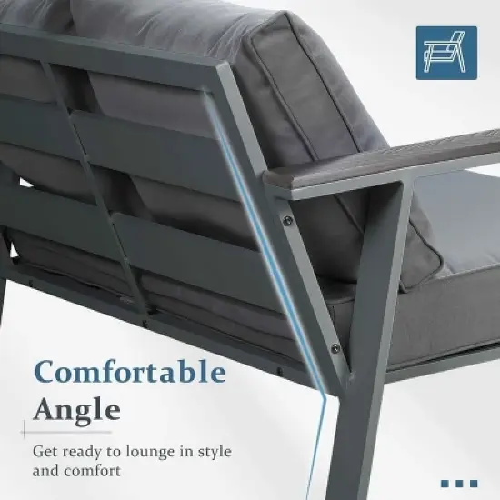 Heynemo 2-Seat Aluminum Outdoor Patio Loveseat Furniture Set With Faux Wooden, Aluminum Sofa Chair Conversation Furniture With Cushions image {3}