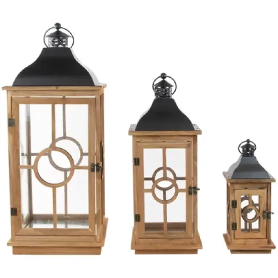 Northlight Set of 3 Natural Wood Candle Lanterns with Black Metal Tops 26.5" image {2}