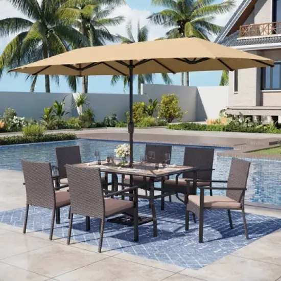 Captiva Designs 8pc Patio Dining Set with Rectangular Table & Armrest Rattan Chairs & Market Umbrella image {15}