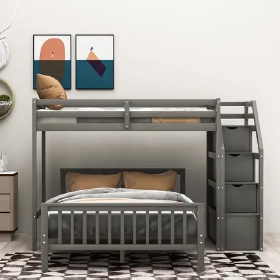 Twin Over Full Bunk Bed With Storage Staircases, Wooden Loft Bed Frame For Kids Teens Bedroom Guest Room Furniture No Box Spring Needed Easy Assembly image {2}