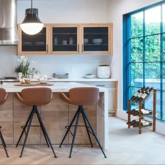 Life Story MyWinebar 9 Bottle Wine Holder Wood Frame Floor Storage Rack Display Stand with Tilted Top Shelf and 2 Flat Display Shelves image {2}