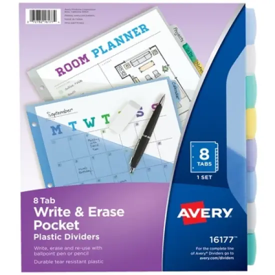 Avery&reg; Write & Erase Pocket Plastic Dividers, 8-Tab Set, Multicolor, 3 Sets image {1}
