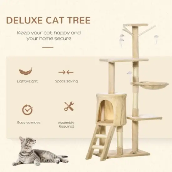 53" Plush Sturdy Interactive Cat Condo Tower Scratching Post Activity Tree House - Beige image {5}