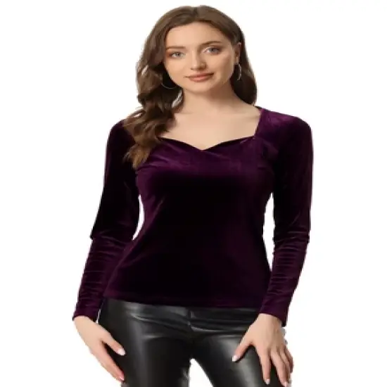 Allegra K Women's Velvet Sweetheart Neck Elegant Long Sleeves Blouses image {7}